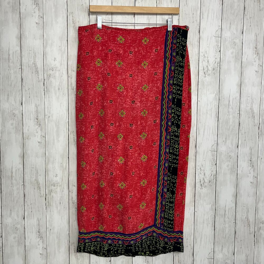 Chico's Design Red Green Abstract Rayon Wrap Maxi Skirt Size 2 Large Vintage